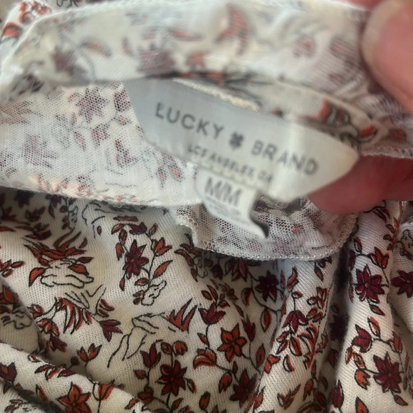 Lucky Brand Sz M Modest High Neck Smocked Frint Fall leaves long sleeve blouse - Picture 12 of 15